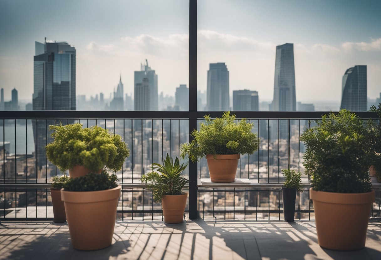 A simple balcony with clean lines, potted plants, and a single chair overlooking a city skyline