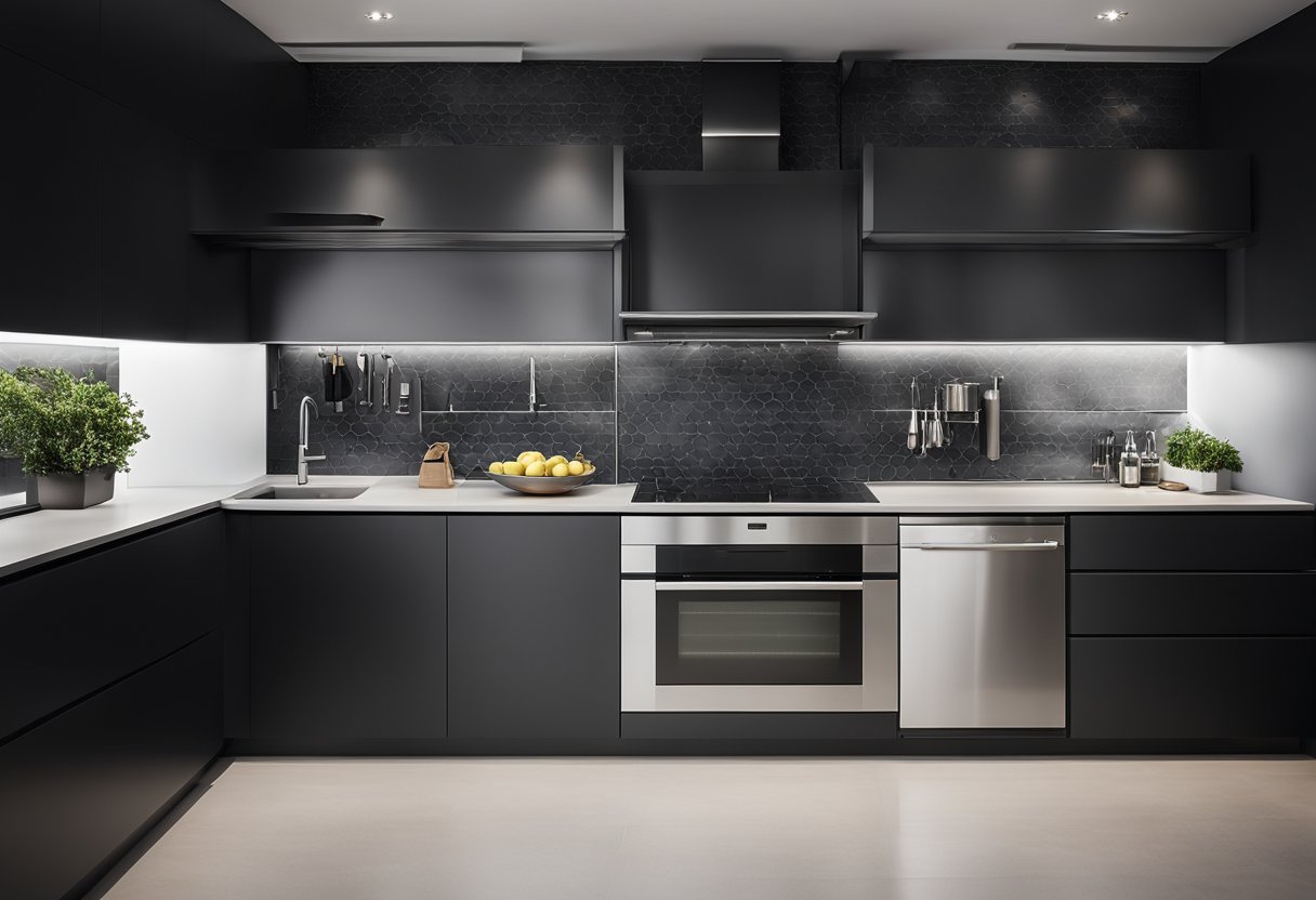 A sleek, black and white modular kitchen with clean lines, minimalist cabinets, and stainless steel appliances