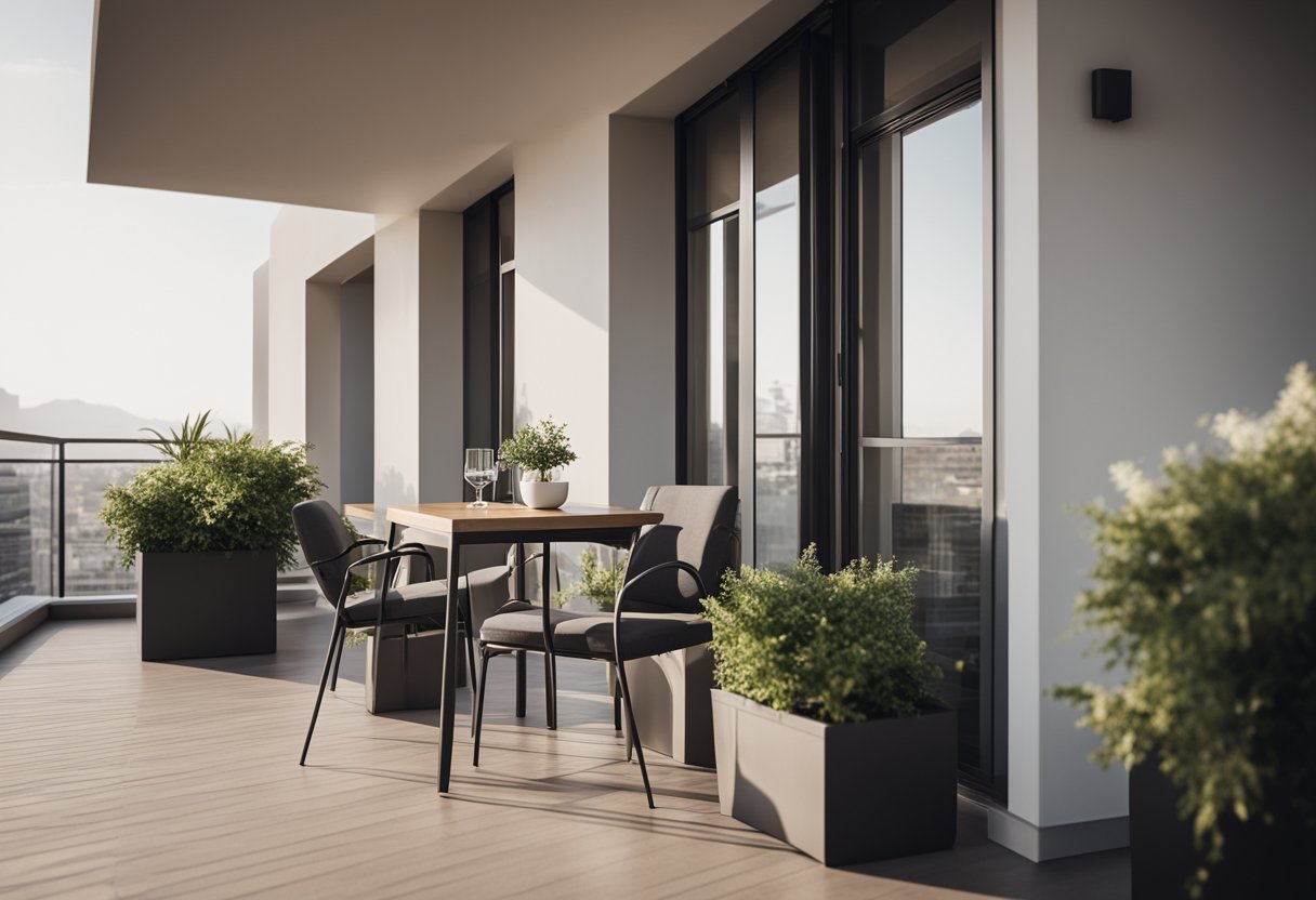 A sleek, simple balcony with clean lines and minimal furniture. A small table with a potted plant, a couple of chairs, and no clutter