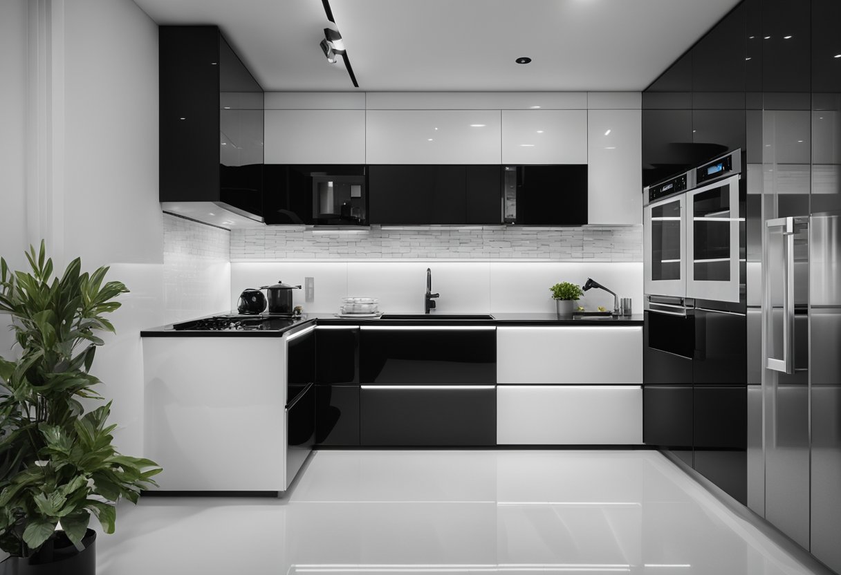 A sleek black and white modular kitchen with clean lines and minimalist design. The cabinets are glossy black, while the countertops and backsplash are white, creating a modern and stylish aesthetic