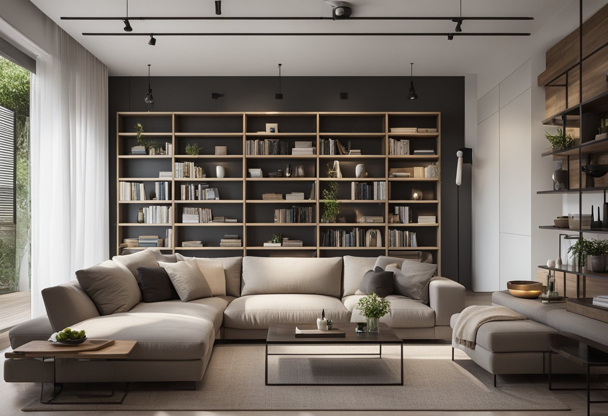 A long narrow living room with minimal furniture, utilizing built-in shelves and a low-profile sofa to create a sense of space