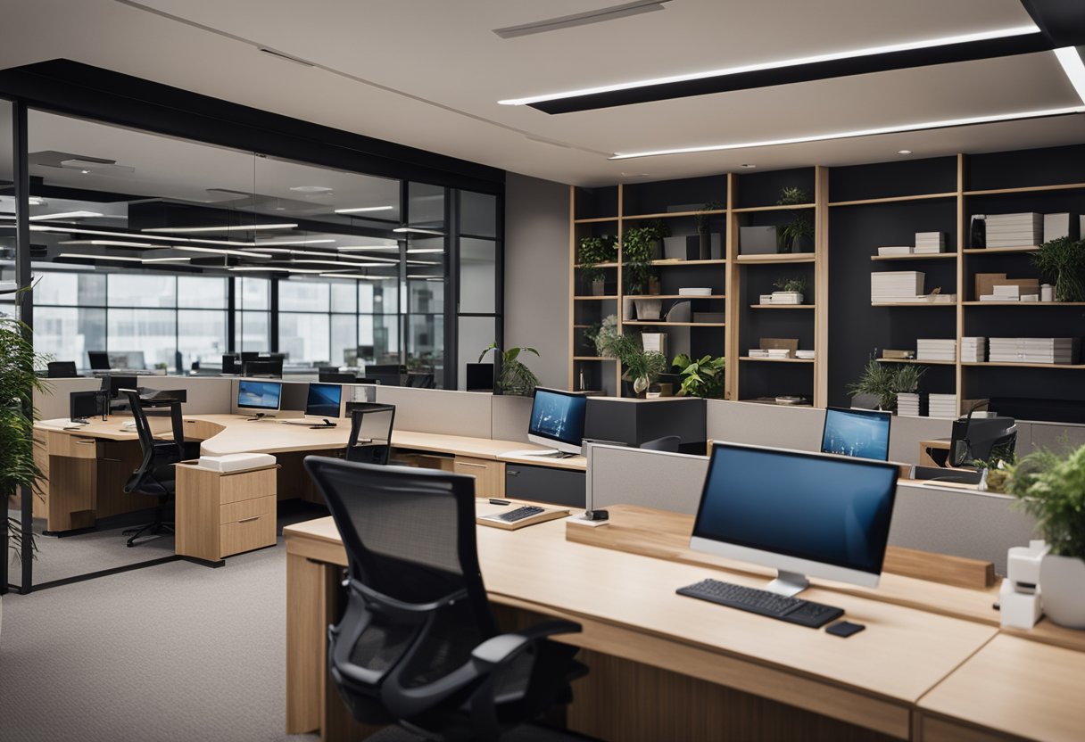 A modern office with sleek desks, ergonomic chairs, and stylish storage units. A customer service representative assists a client with a smile