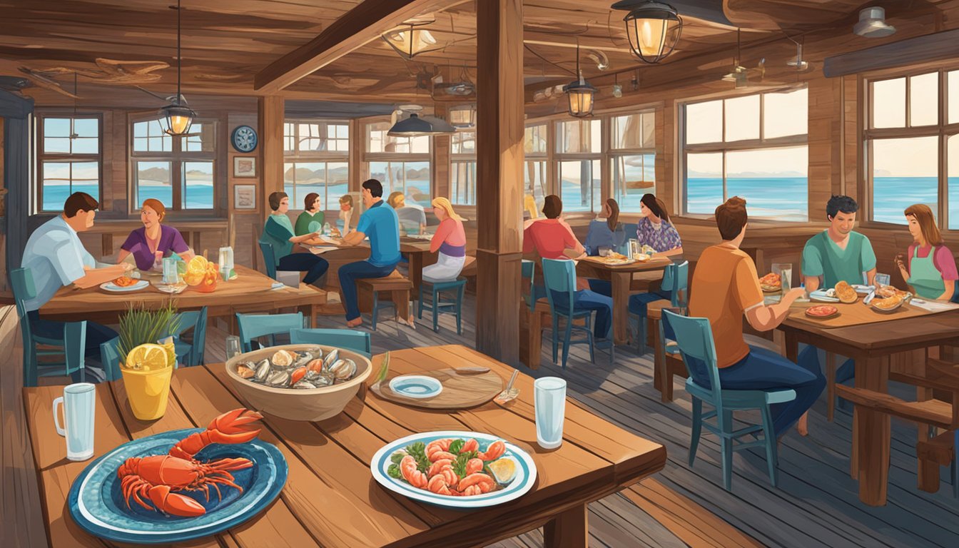 Customers enjoying fresh seafood dishes at Owen Seafood restaurant. Colorful plates of lobster, shrimp, and oysters on a rustic wooden table. Vibrant nautical decor and cozy ambiance