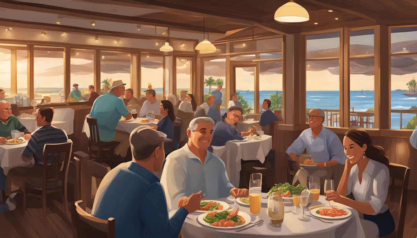 Customers enjoying fresh seafood dishes at Owen's restaurant, with attentive service and a cozy ambiance creating a memorable dining experience