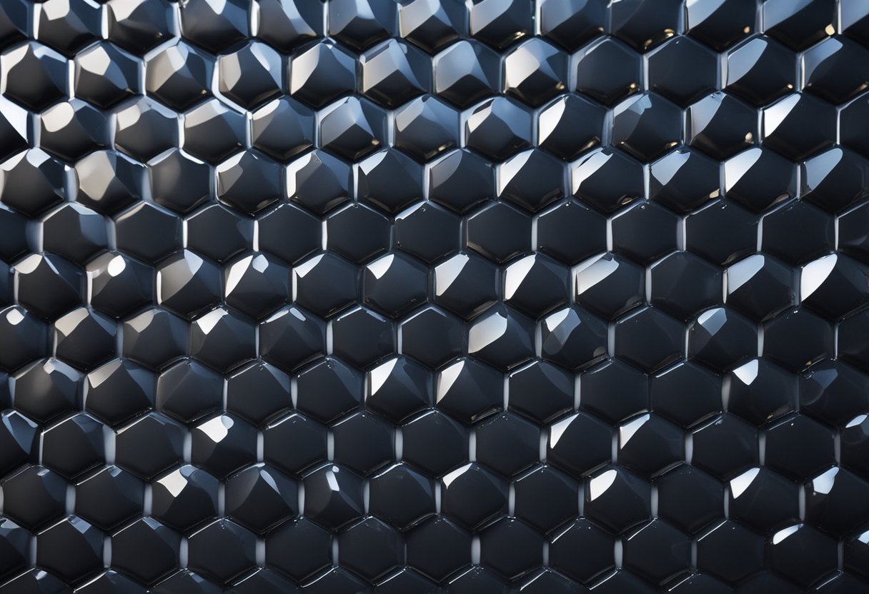 Water droplets glisten on dark, glossy kitchen tiles in a geometric pattern