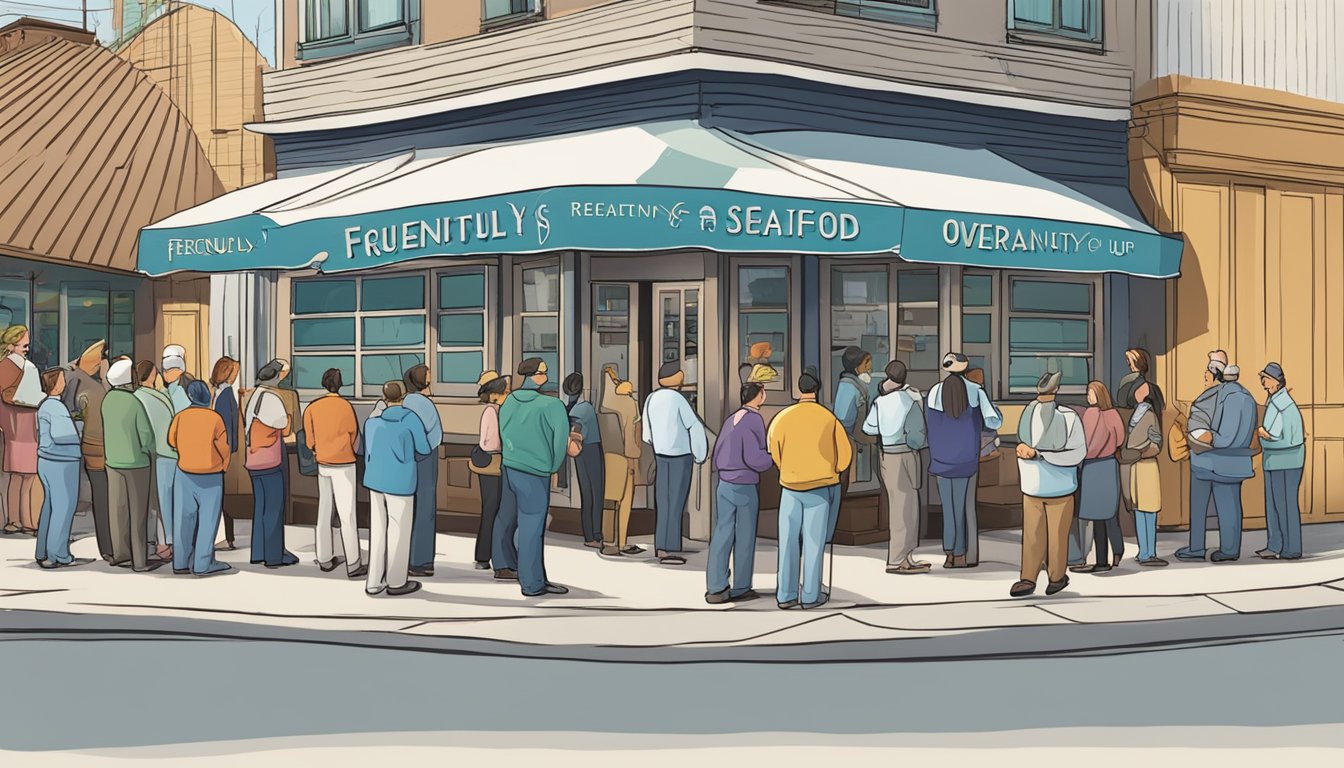 Customers line up outside Owen Seafood Restaurant, eagerly awaiting their turn to dine. A sign with "Frequently Asked Questions" stands by the entrance
