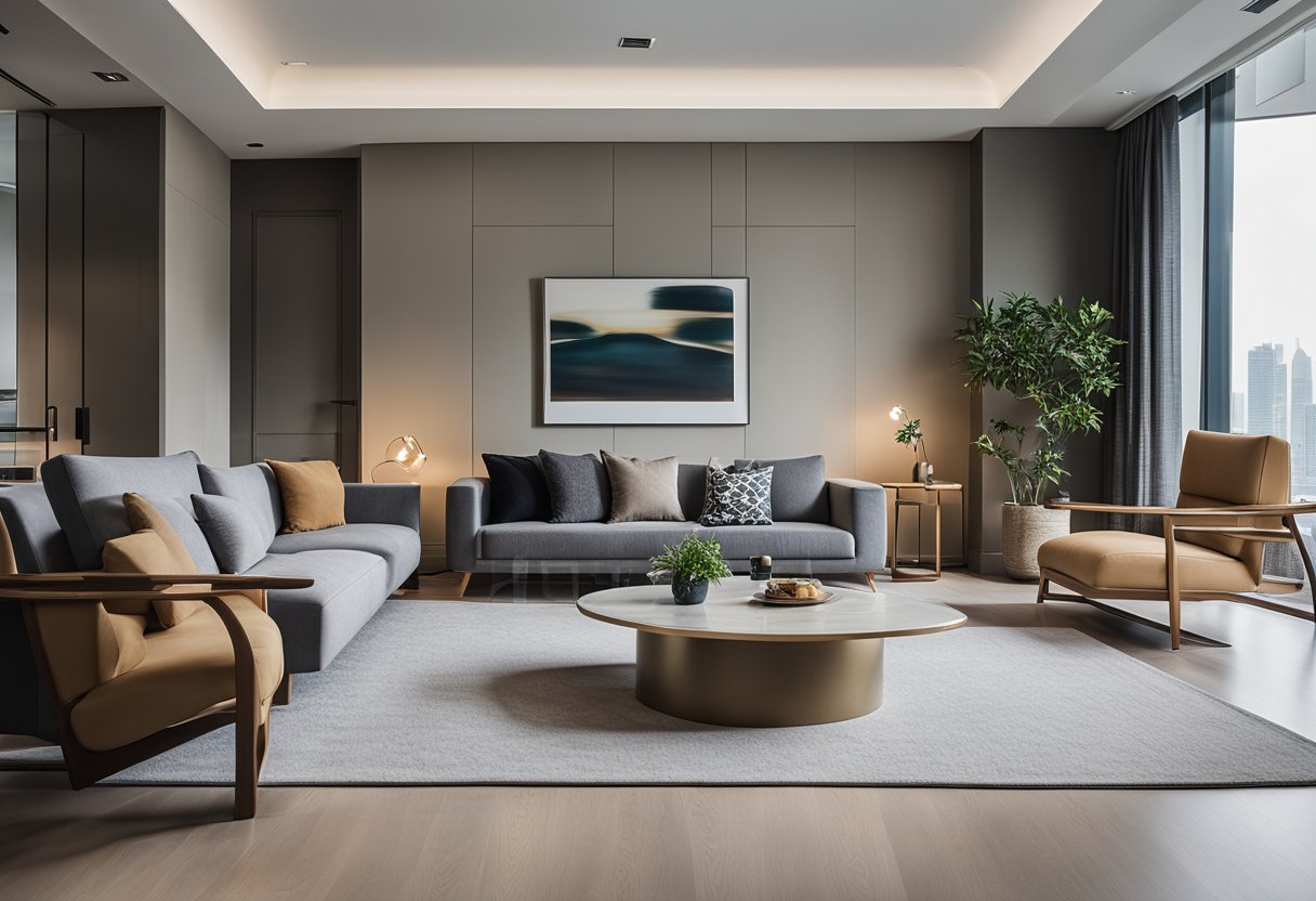 A modern living room with sleek, minimalist furniture from Ohmm Singapore. Clean lines, neutral colors, and a spacious layout