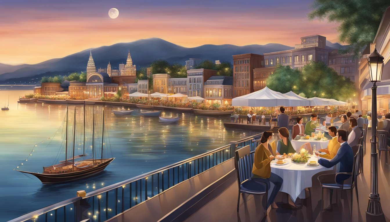 A bustling cityscape overlooks the calm waters, with elegant restaurants and twinkling lights lining the waterfront