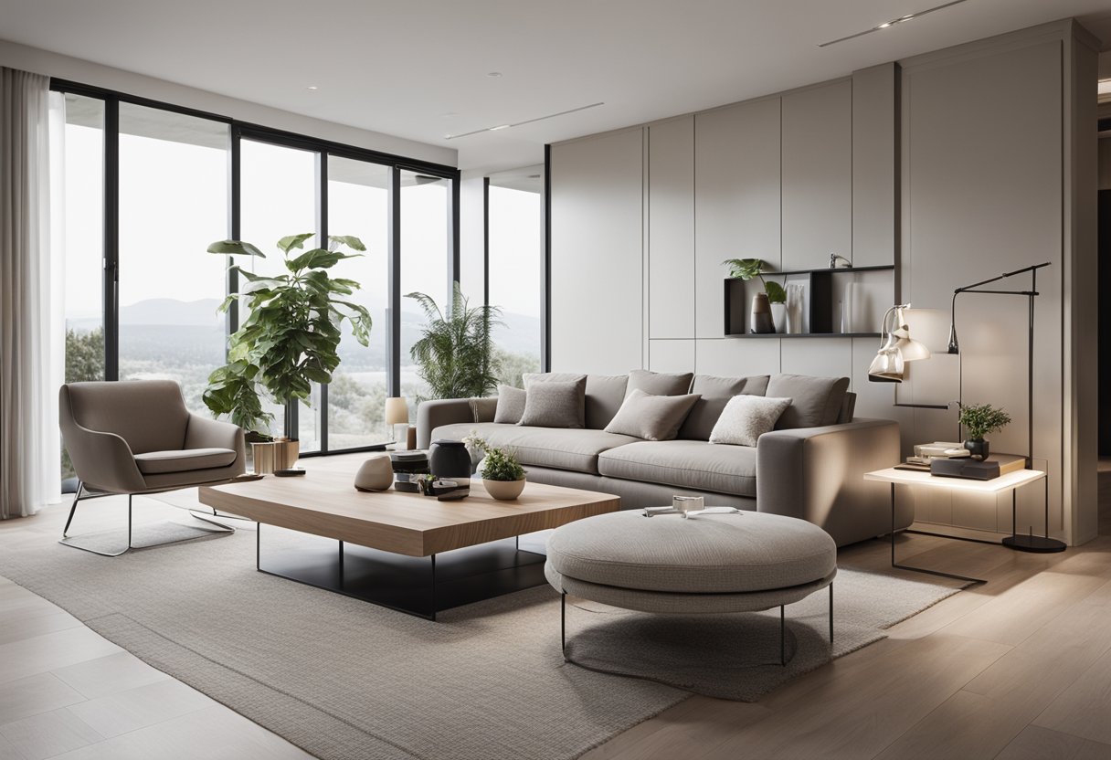 A modern living room with sleek, minimalist furniture in neutral tones. Clean lines and luxurious materials create a sophisticated and inviting atmosphere