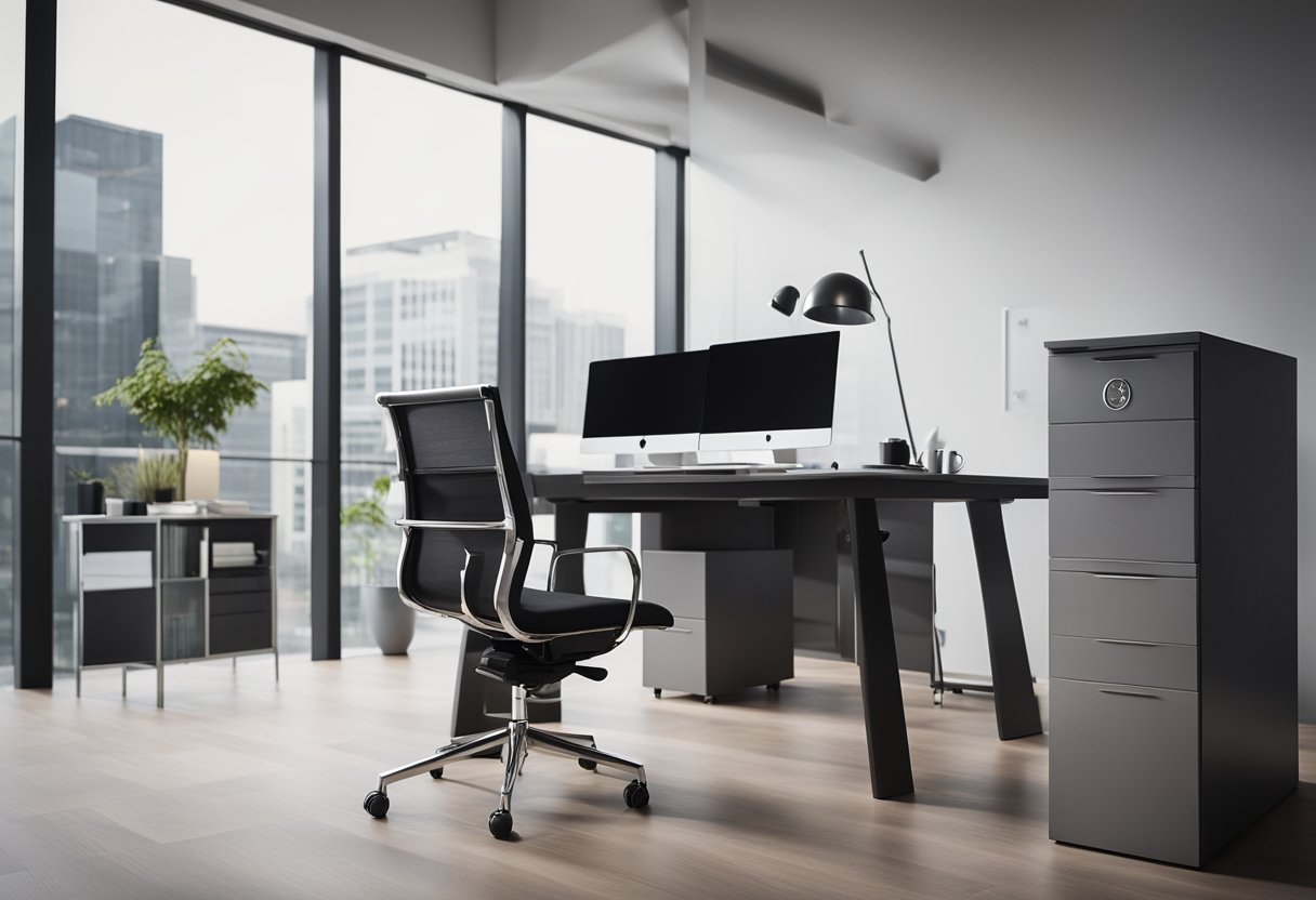 A sleek, modern office space with minimalist furniture and clean lines. The Ohmm Promise of Excellence logo prominently displayed on a stylish desk