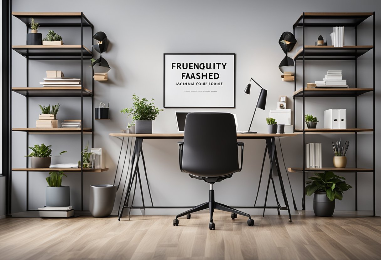 A modern office setting with a sleek desk and chair, surrounded by shelves of stylish furniture. A sign reading "Frequently Asked Questions" hangs on the wall