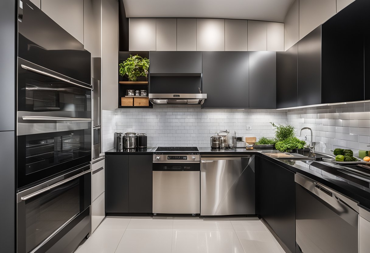 A modern wet kitchen with sleek, glossy tiles, stainless steel appliances, and ample counter space for food preparation