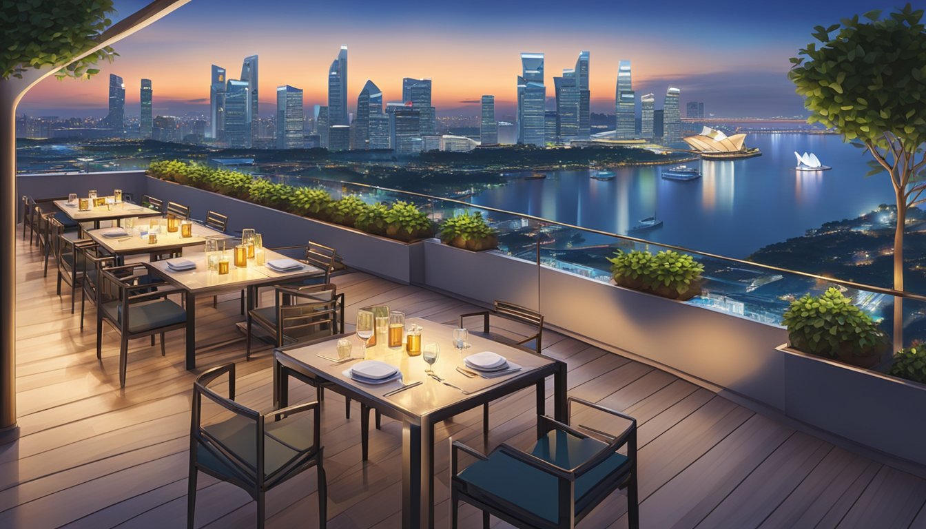 A panoramic view of Singapore's skyline from a rooftop dining spot, with elegant tables and chairs overlooking the city lights