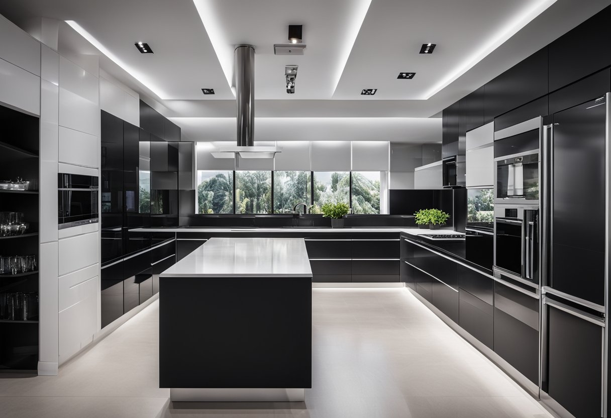 A sleek black and white modular kitchen with clean lines and efficient storage solutions