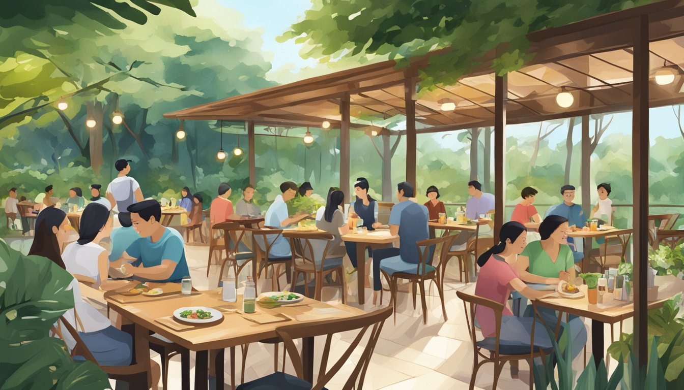 A bustling restaurant in Pasir Ris Park, with diners enjoying their meals amidst lush greenery and the soothing sounds of nature