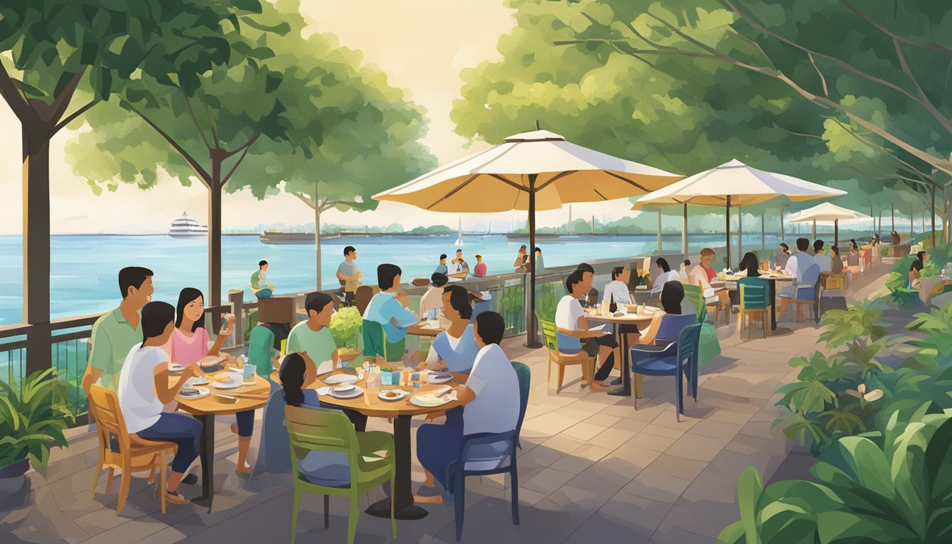Families enjoying outdoor dining at Pasir Ris Park's waterfront restaurants, surrounded by lush greenery and the calming sound of waves