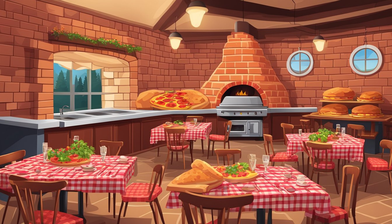 Tables set with red checkered tablecloths, surrounded by wooden chairs. A large brick oven stands in the corner, emitting the aroma of freshly baked pizza
