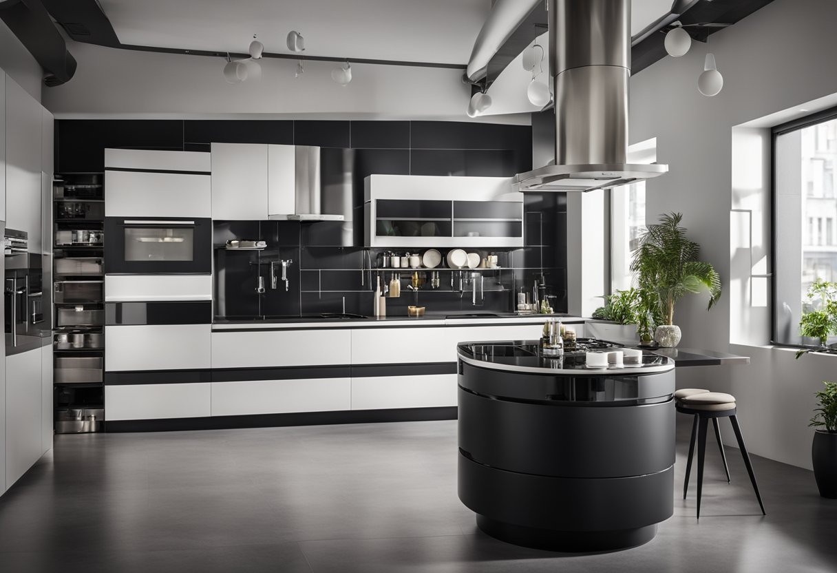 A sleek modular kitchen with black and white design elements, showcasing functional layout and stylish storage solutions