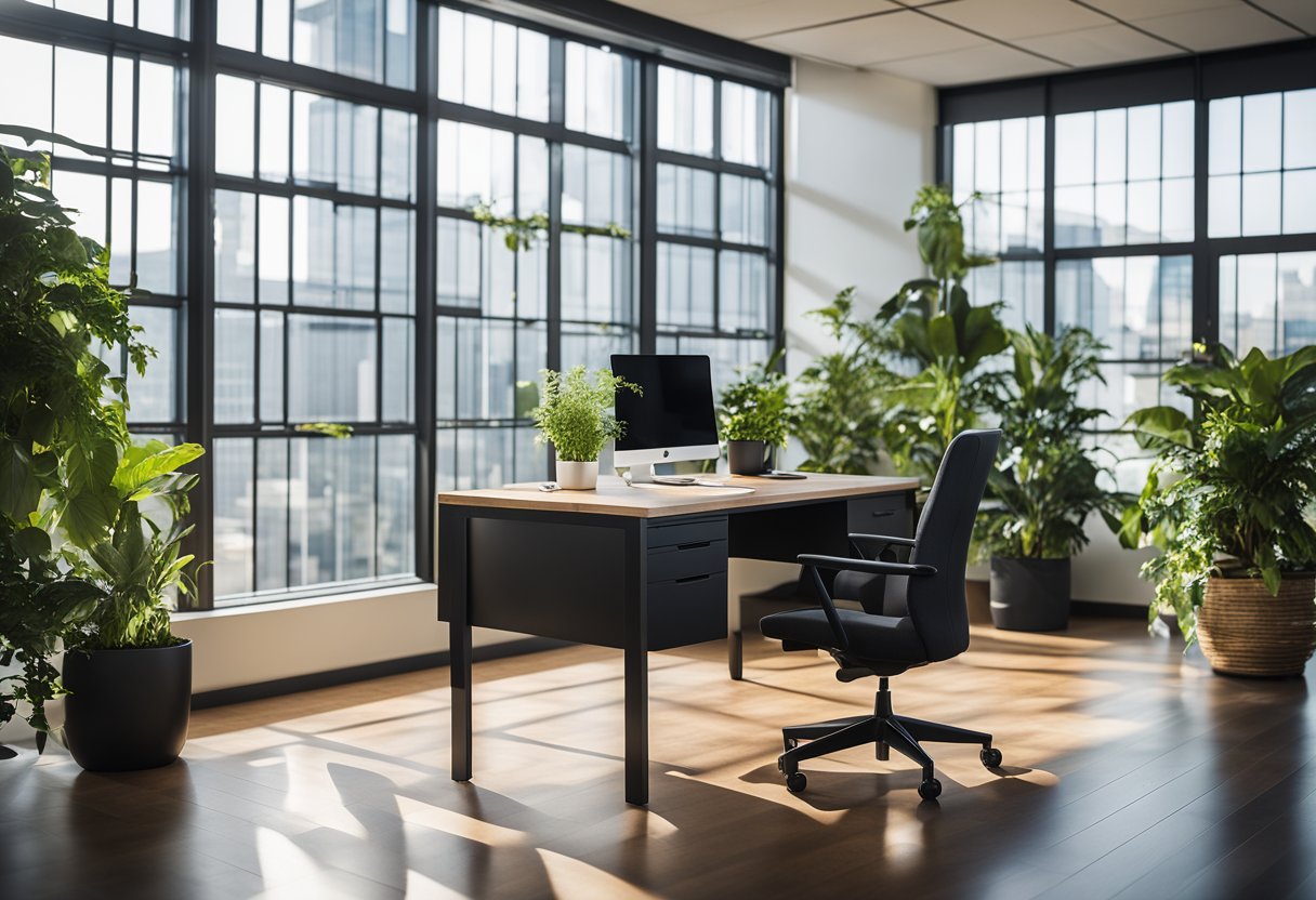A 10 by 10 office with a desk, chair, computer, and filing cabinet. A window lets in natural light, and there are a few plants scattered around the room