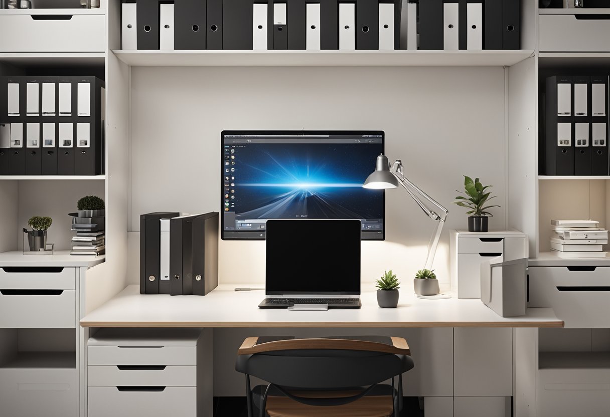 A 10 by 10 office with efficient use of space. Organized desk, storage, and multi-functional furniture. Bright lighting and clean, modern decor