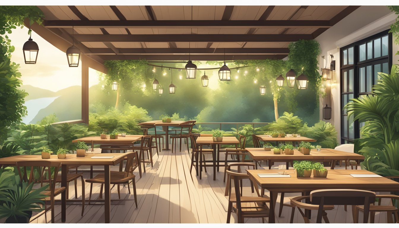 Lush greenery surrounds outdoor dining area with wooden tables and chairs. Soft lighting creates cozy ambiance