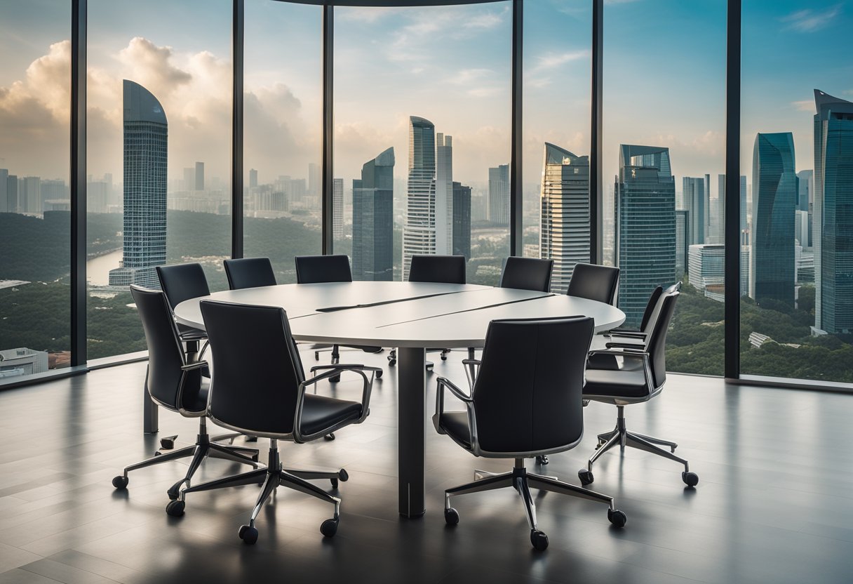 The meeting room in Singapore is furnished with sleek, modern chairs and a long, polished table. The room is well-lit with large windows offering a view of the city skyline