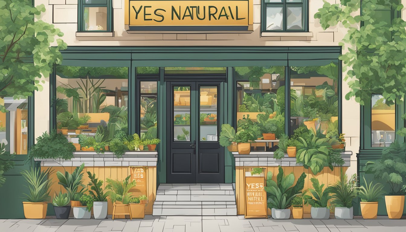 A bustling restaurant with a sign reading "Yes Natural" in bold letters. Lush greenery decorates the entrance, and customers enjoy healthy meals inside