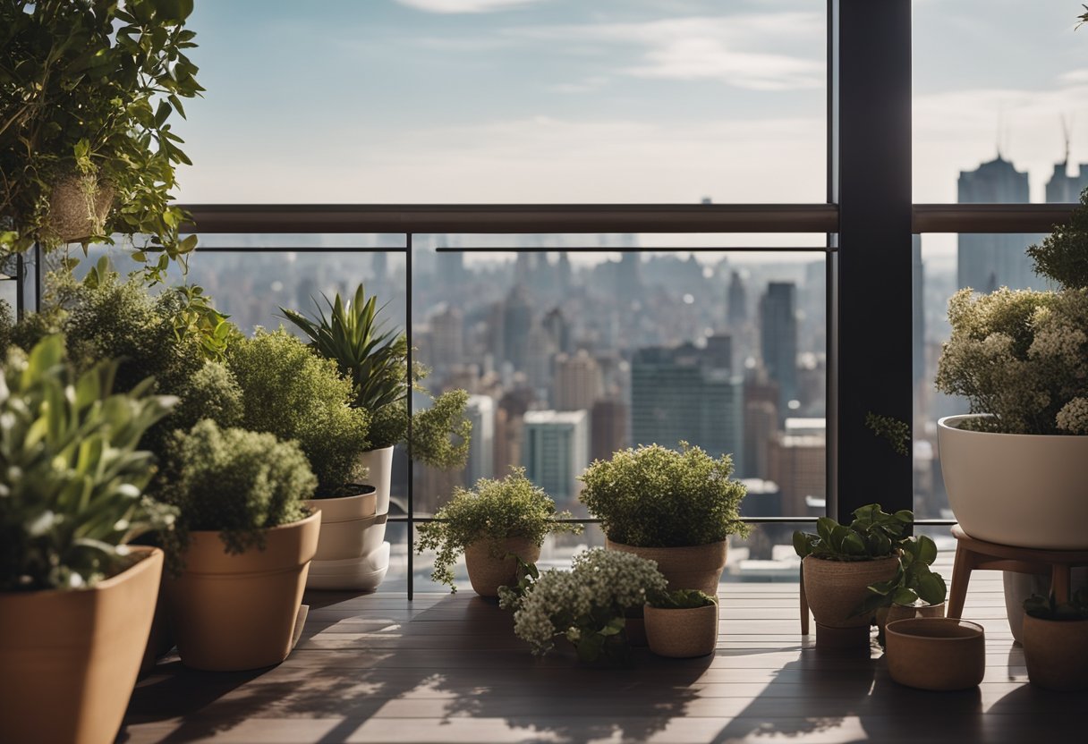 A small, serene balcony with clean lines, potted plants, and cozy seating, surrounded by a glass railing with a view of the city skyline