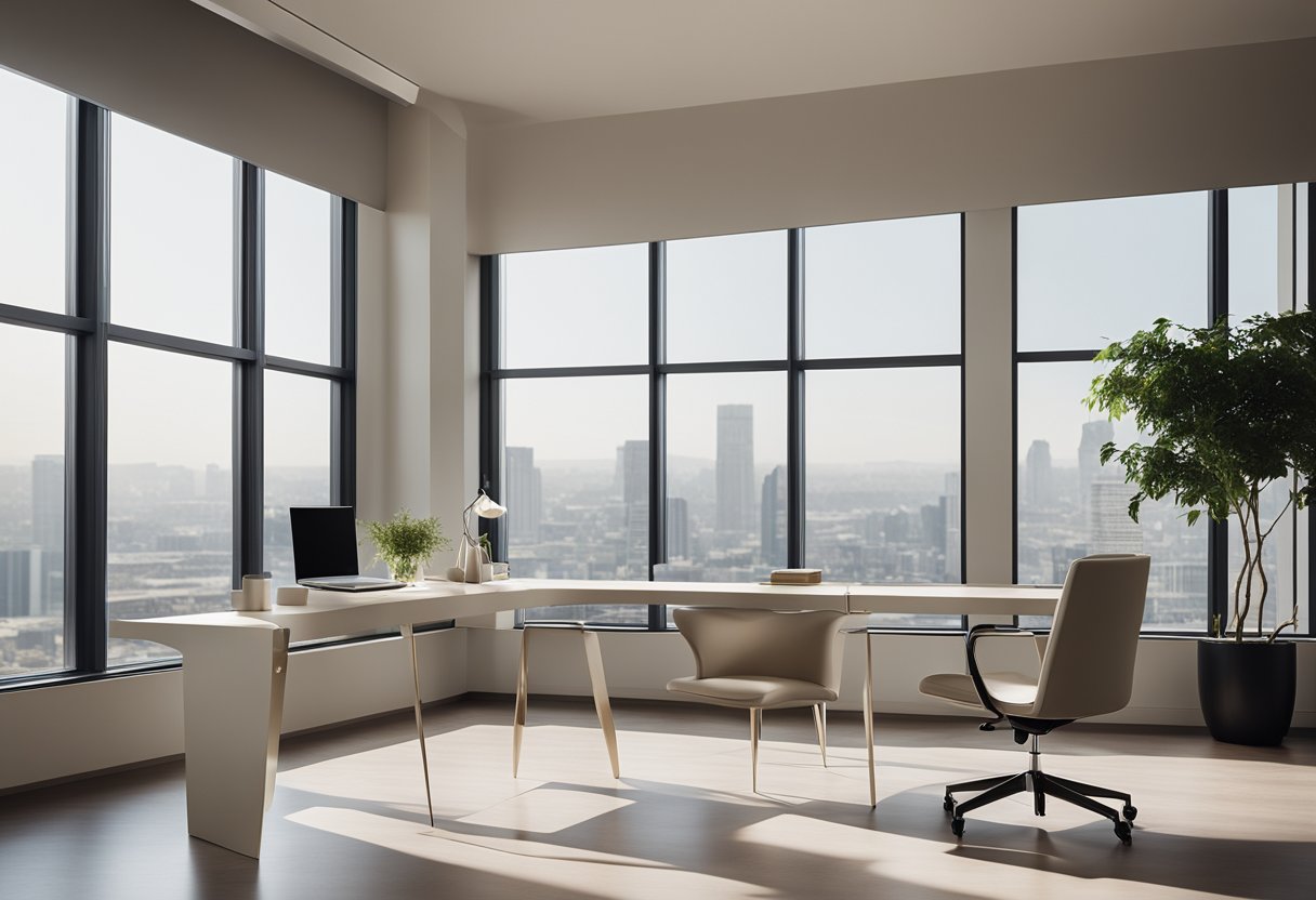 A sleek, minimalist desk sits against a backdrop of floor-to-ceiling windows, casting natural light onto the clean, neutral-colored walls. A contemporary chair and modern artwork add a touch of sophistication to the space