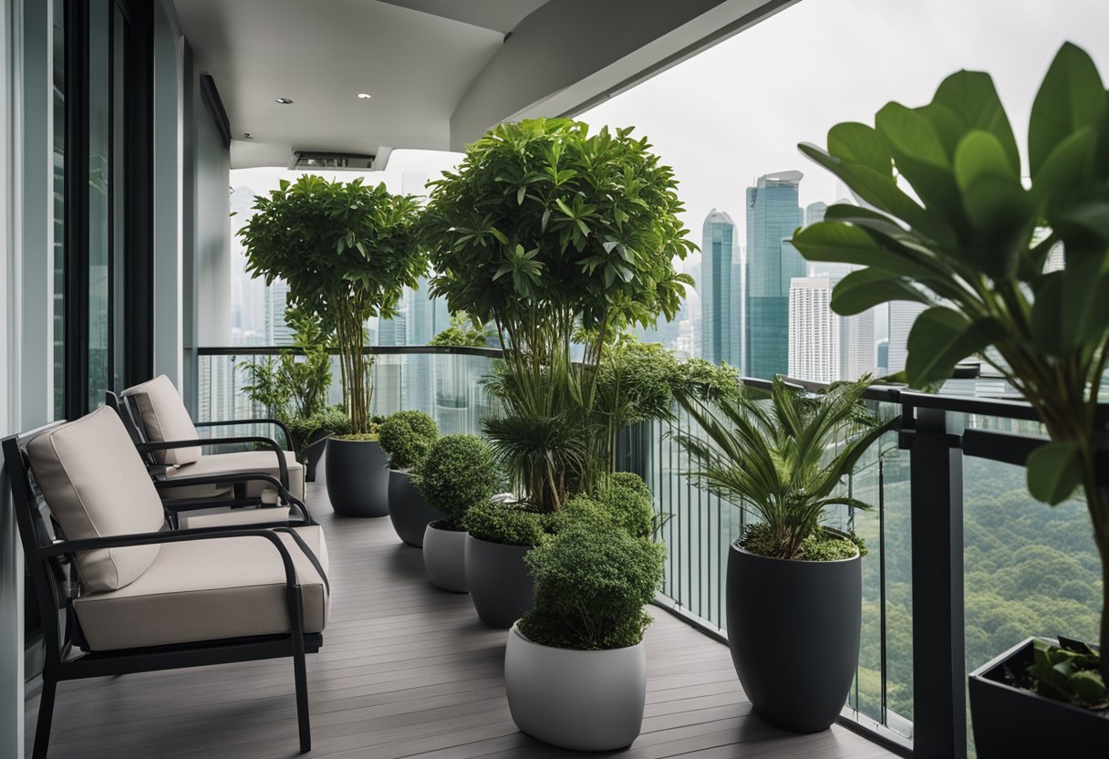 A modern outdoor balcony in Singapore with sleek furniture and lush greenery