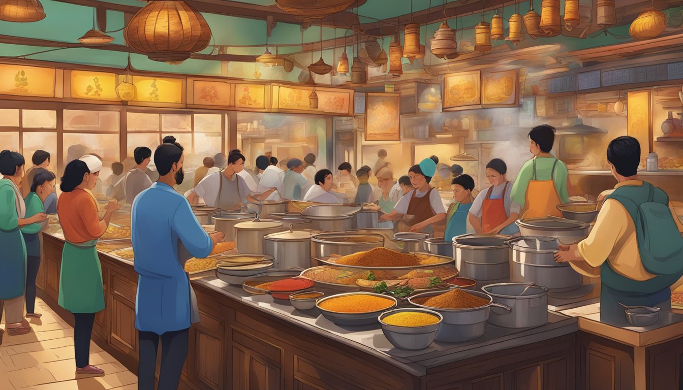 The bustling curry restaurant with steaming pots, colorful spices, and aromatic flavors filling the air. Customers eagerly line up, drawn by the tantalizing scent