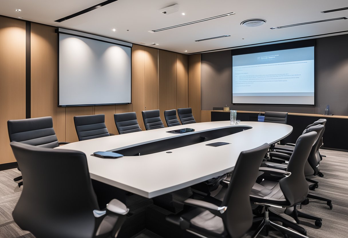 A sleek conference table surrounded by ergonomic chairs, a modern projector screen, and a stylish whiteboard in a spacious, well-lit meeting room in Singapore