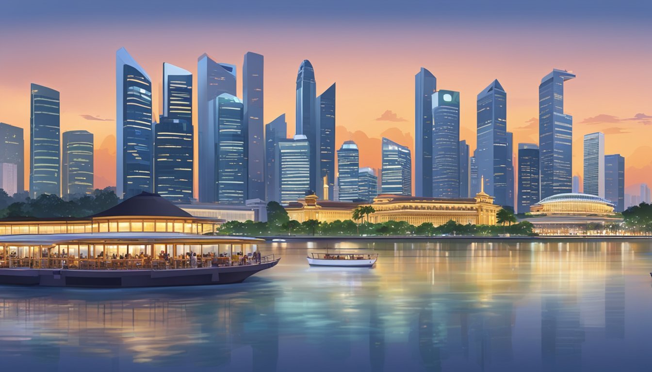 A panoramic view of Singapore's skyline at dusk, with elegant restaurants lining the waterfront, offering a stunning backdrop for diners