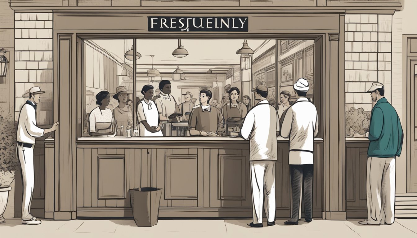 Customers line up at the entrance of Prego restaurant, reading a sign that says "Frequently Asked Questions." Waiters move briskly between tables