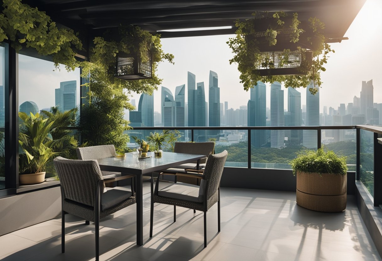A sunny Singapore balcony adorned with modern outdoor furniture overlooking the city skyline