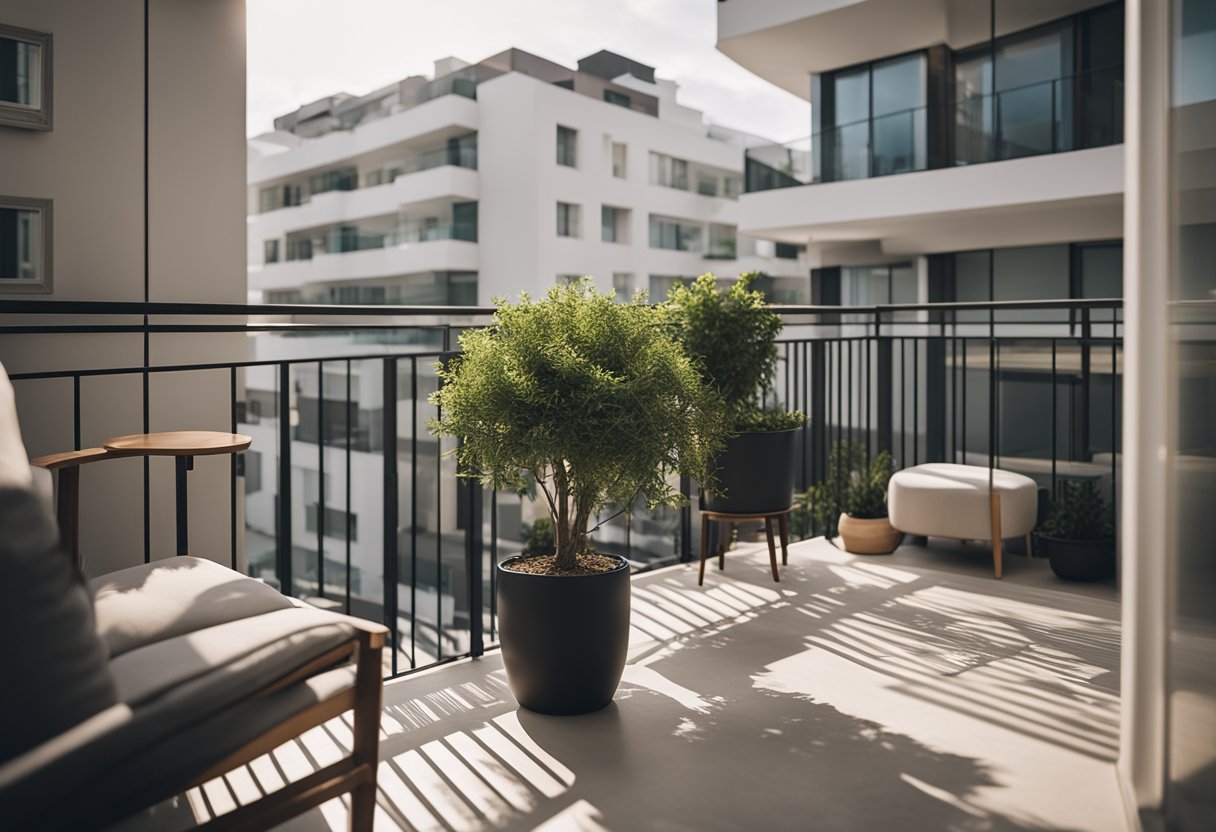 A sleek, modern balcony with simple furniture and clean lines. Minimalist decor and potted plants create a serene atmosphere