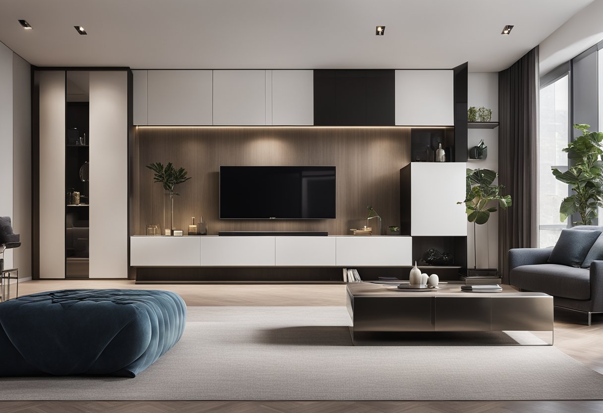 A sleek, minimalist living room with built-in, floating cupboards, featuring clean lines, high-gloss finishes, and integrated lighting