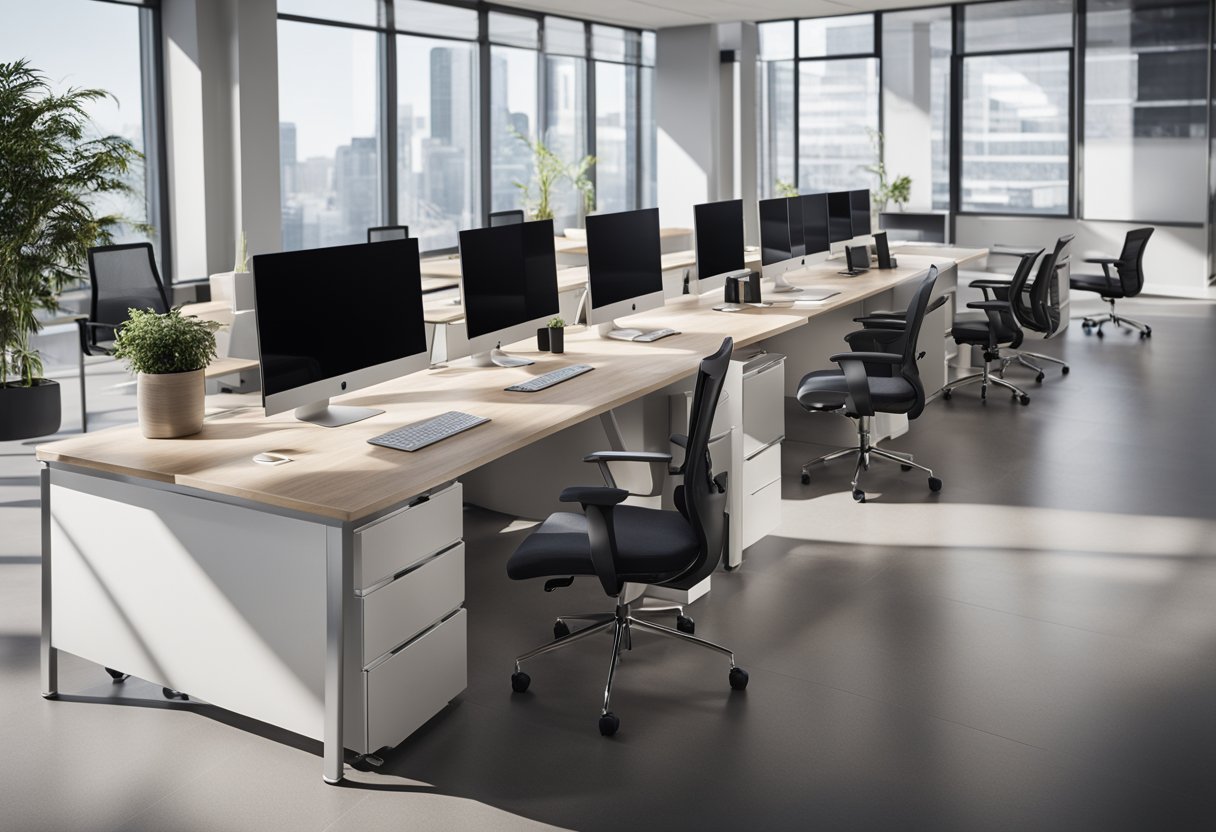 A modern, open-concept office space with 10 workstations in a 10 by 10 grid layout, with sleek desks, ergonomic chairs, and plenty of natural light