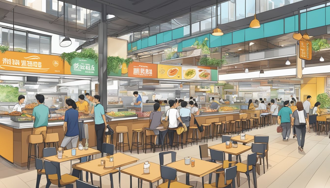A bustling food court at Paya Lebar Square, with various stalls offering a wide array of culinary delights to eager customers