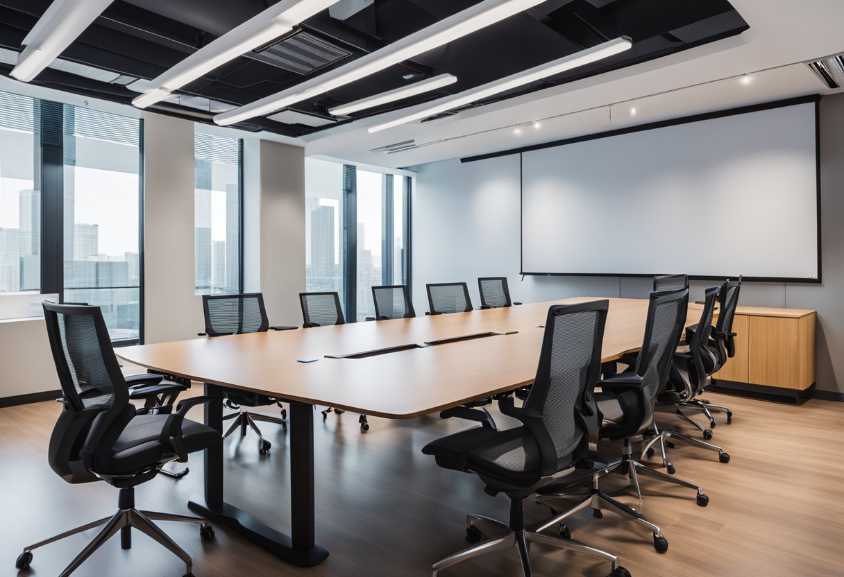 A modern meeting room with ergonomic chairs, a large conference table, and integrated power outlets. The room is well-lit with natural light and equipped with a projector and whiteboard