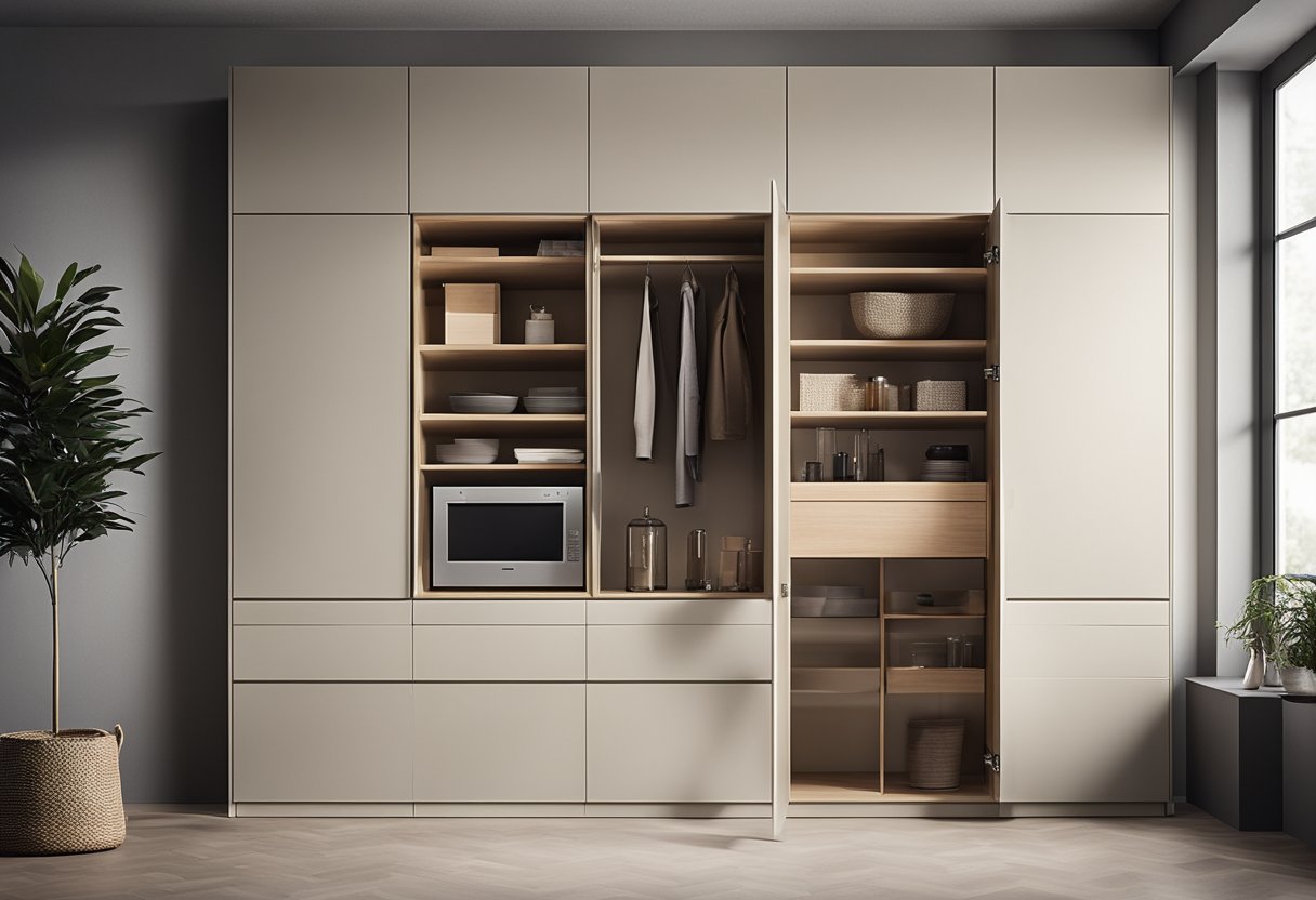 A sleek, minimalist modern cupboard with clean lines and innovative storage compartments, set against a neutral backdrop with soft, natural lighting