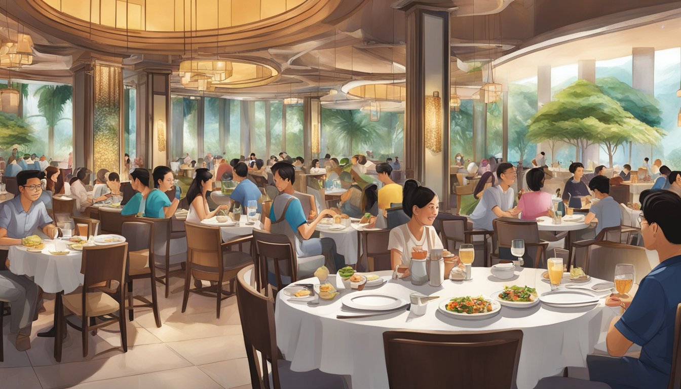 A bustling restaurant at Resorts World Sentosa, with patrons enjoying their meals and staff attending to tables