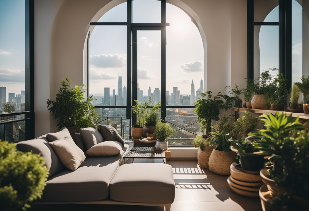 A cozy balcony with modern furniture, lush green plants, and warm lighting, overlooking a city skyline