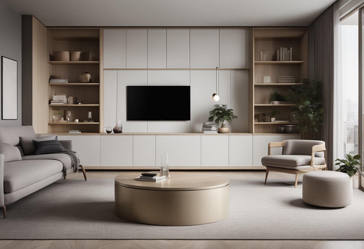 A sleek, minimalist living room with a modern cupboard as the focal point. Clean lines, geometric shapes, and a neutral color palette create a contemporary and stylish aesthetic
