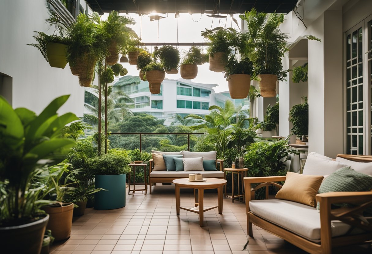 A cozy outdoor setting in Singapore with a variety of second-hand furniture arranged on a patio or balcony. The furniture includes chairs, tables, and possibly a hammock or swing. The scene is surrounded by lush greenery and potted plants