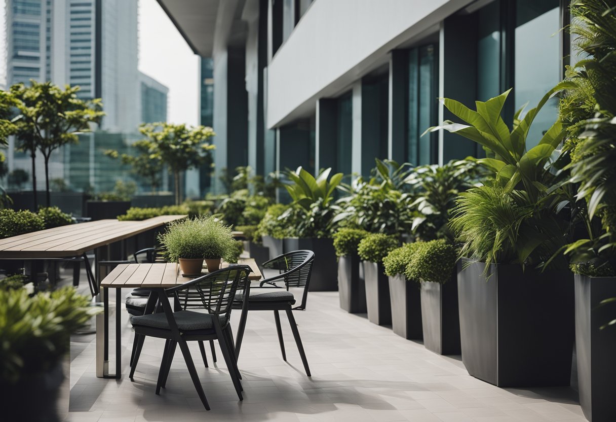 A modern outdoor balcony in Singapore with stylish furniture and plants