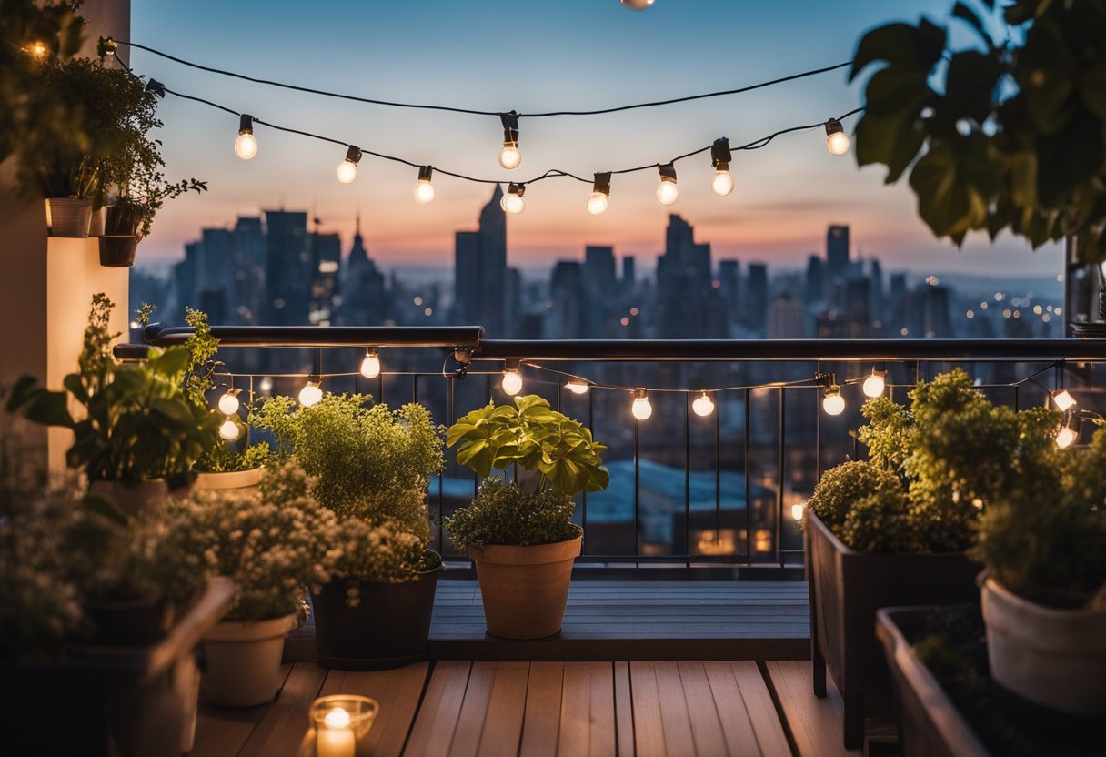A cozy balcony with potted plants, string lights, and a small bistro set overlooking a city skyline
