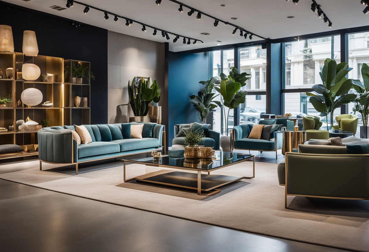 A showroom filled with modern, sleek furniture pieces in various styles and colors, with soft ambient lighting highlighting the craftsmanship and quality of Eden Furniture's range