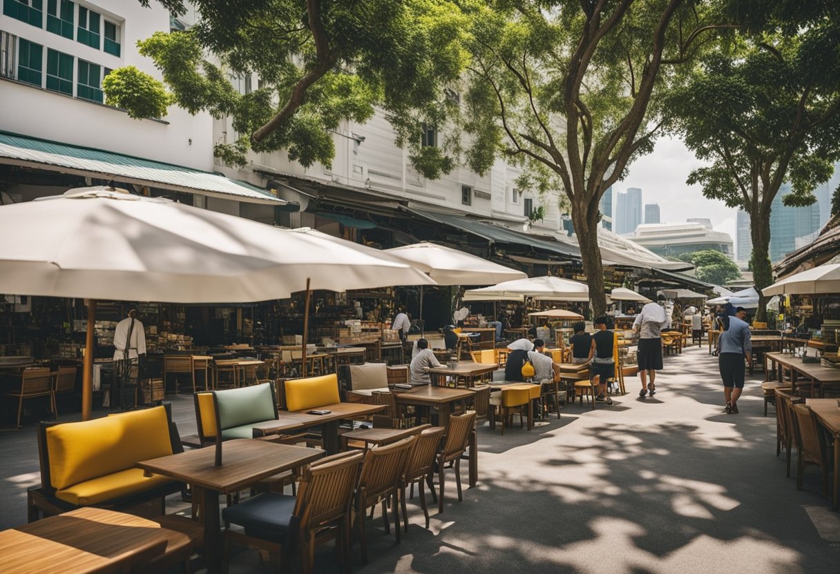 A sunny day in Singapore, a variety of second-hand outdoor furniture is displayed in a bustling market. Tables, chairs, and umbrellas are arranged neatly, waiting to be discovered by eager shoppers