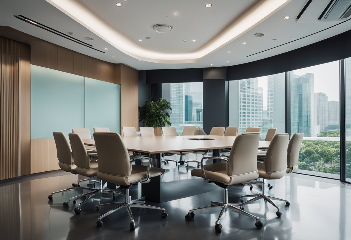 The meeting room in Singapore is furnished with sleek, modern chairs and a large, polished table. The room is well-lit with natural light streaming in from the windows, creating a bright and inviting atmosphere